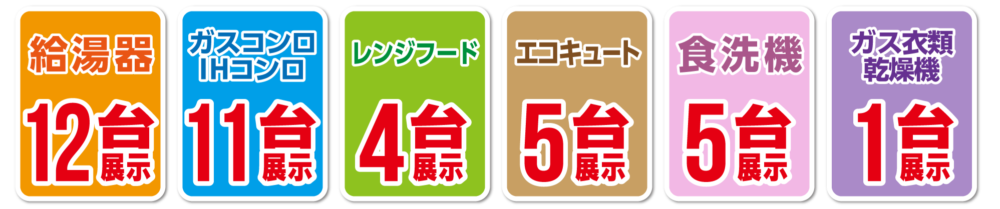 給湯器12台展示 ガスコンロIHコンロ11台展示 レンジフード4台展示 エコキュート5台展示 食洗機5台展示 ガス衣類乾燥機1台展示